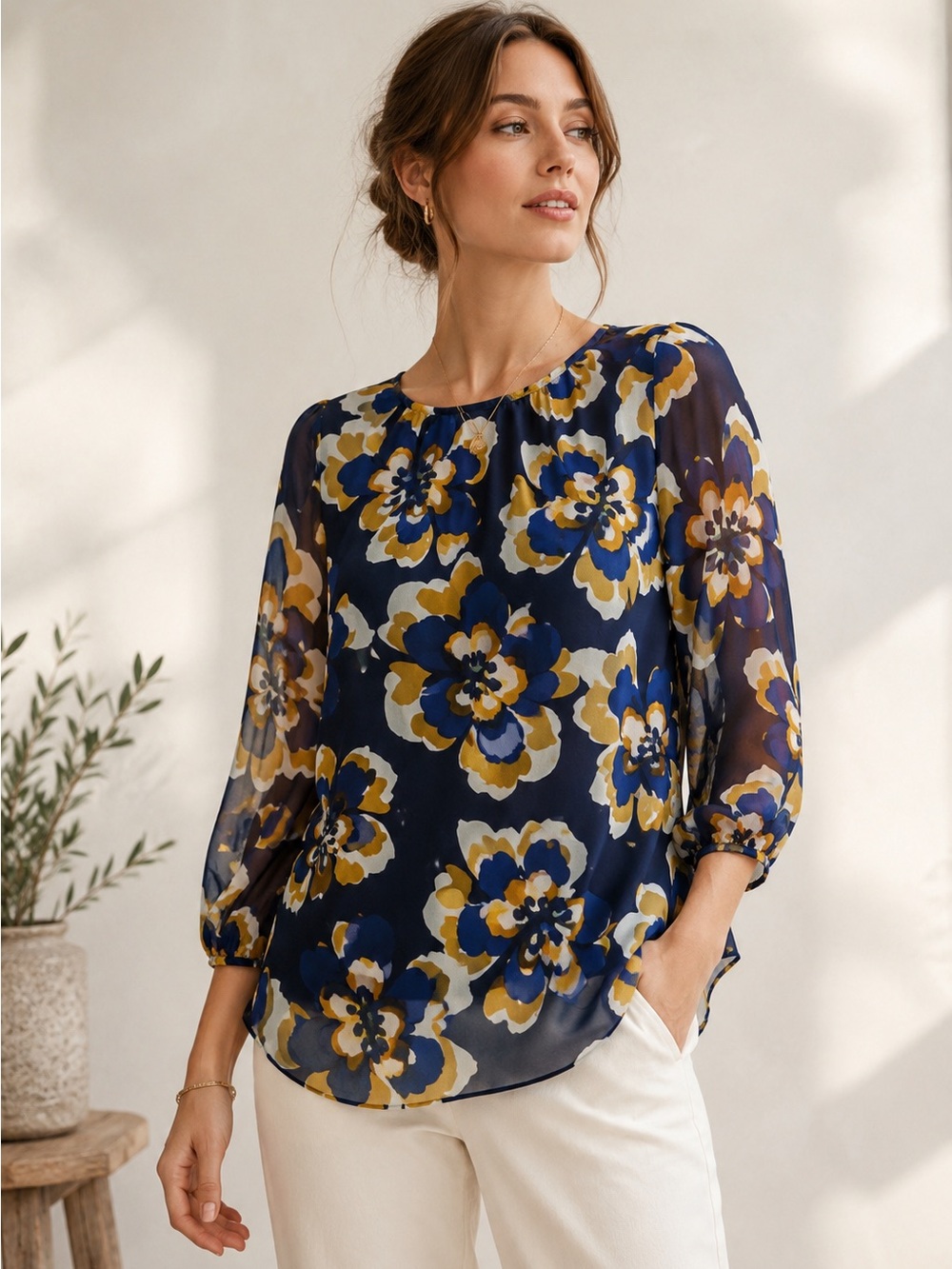 CAbi Navy Floral Sheer Chiffon 3/4 Sleeve Blouse